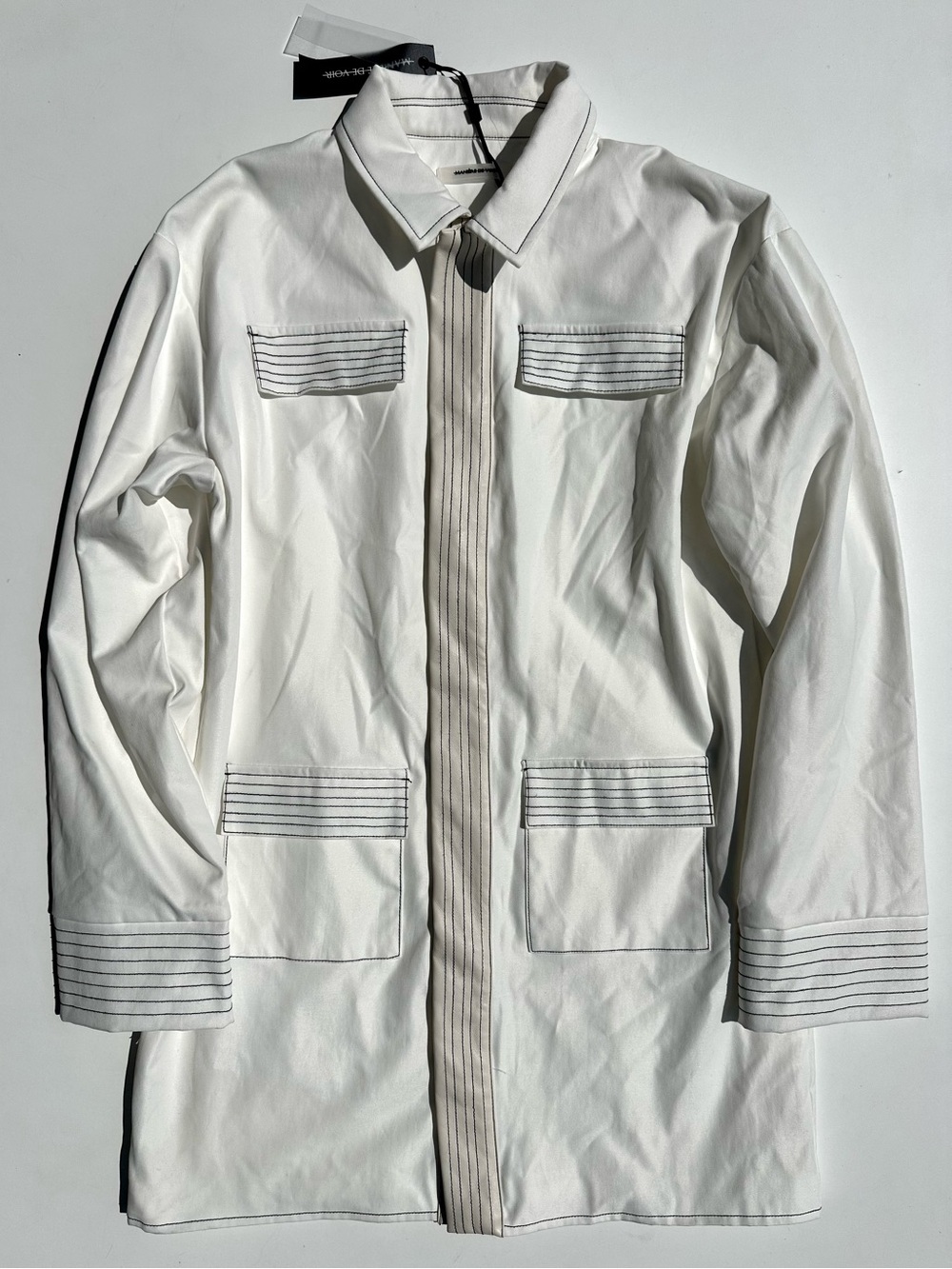 NWT Maniere De Voir White Long Coated Field Jacket Faux Leather Black Stitching